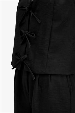 Kadın Önü Bağlamalı Kalın Askılı Yelek Pantalon Takım  - Siyah