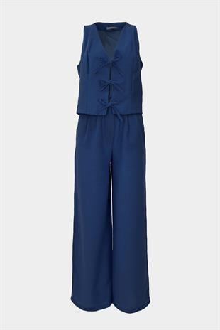 Kadın Önü Bağlamalı Kalın Askılı Yelek Pantalon Takım  - Lacivert