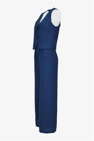 Kadın Önü Bağlamalı Kalın Askılı Yelek Pantalon Takım  - Lacivert