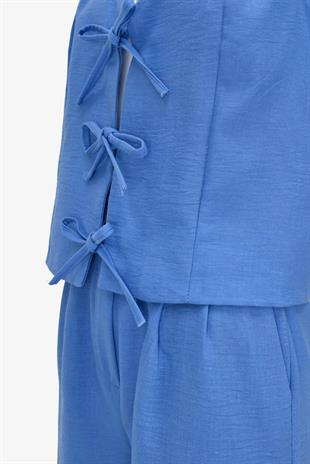 Kadın Önü Bağlamalı Kalın Askılı Yelek Pantalon Takım  - Mavi
