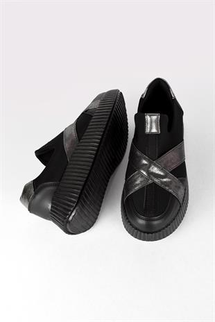 Kadın Simli Çapraz Bantlı Yüksek Taban Sneaker Ayakkabı - Siyah