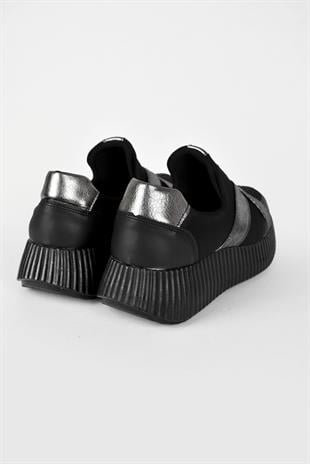 Kadın Simli Çapraz Bantlı Yüksek Taban Sneaker Ayakkabı - Siyah