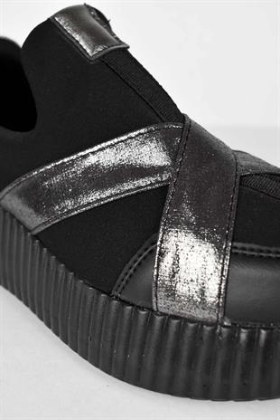 Kadın Simli Çapraz Bantlı Yüksek Taban Sneaker Ayakkabı - Siyah