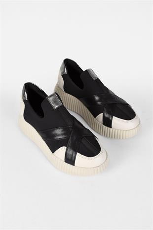 Kadın Simli Çapraz Bantlı Yüksek Taban Sneaker Ayakkabı - Bej