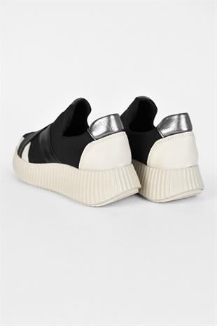 Kadın Simli Çapraz Bantlı Yüksek Taban Sneaker Ayakkabı - Bej