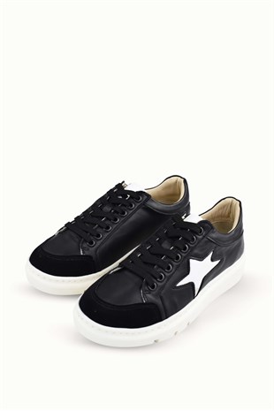 Kadın Süet Detaylı Hakiki Deri Bağcıklı Sneaker - Siyah