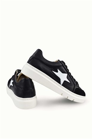 Kadın Süet Detaylı Hakiki Deri Bağcıklı Sneaker - Siyah