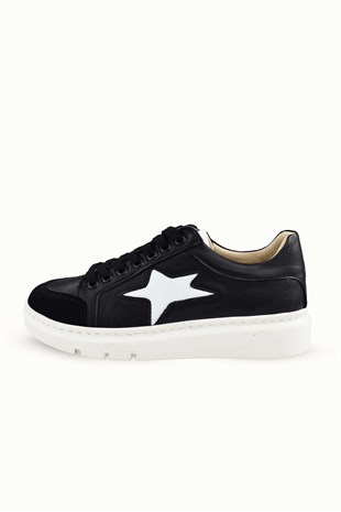 Kadın Süet Detaylı Hakiki Deri Bağcıklı Sneaker - Siyah