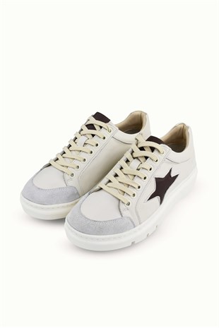 Kadın Süet Detaylı Hakiki Deri Bağcıklı Sneaker - Krem