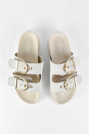 Kadın Süet Gold Tokalı Çift Bantlı Poli Taban Günlük Terlik - Bej