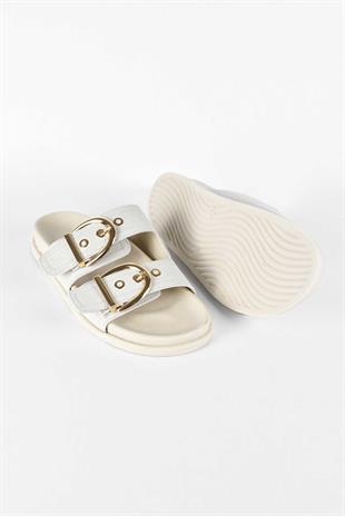 Kadın Süet Gold Tokalı Çift Bantlı Poli Taban Günlük Terlik - Bej