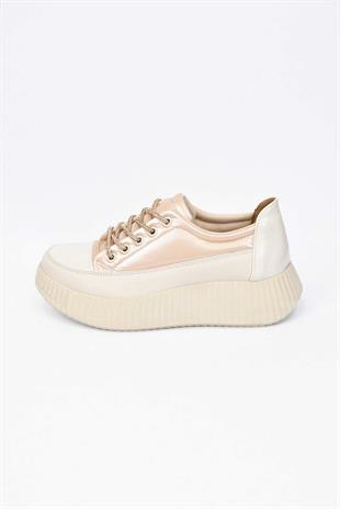 Kadın Taşlı Bağcıklı Rugan Sneaker- Bej