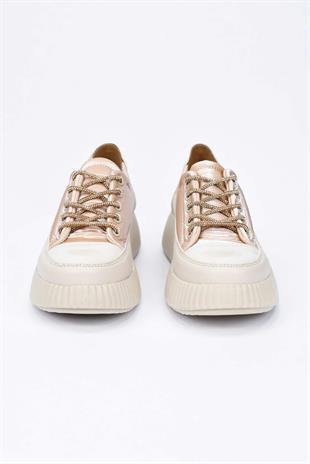 Kadın Taşlı Bağcıklı Rugan Sneaker- Bej