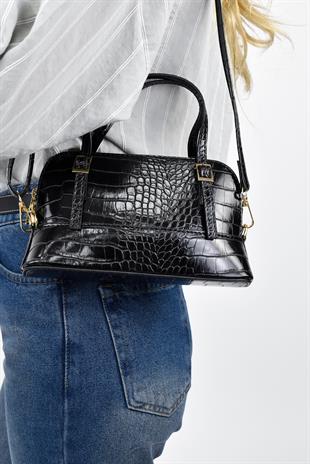 Kadın Timsah Deri Baget El ve Omuz Çantası - Siyah