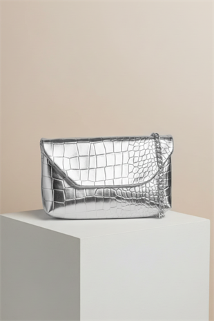 Kadın Timsah Desen Zincirli Baget El ve Omuz Çantası - Gümüş