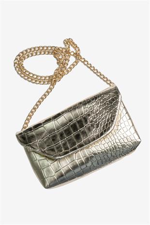 Kadın Timsah Desen Zincirli Baget El ve Omuz Çantası - Gold