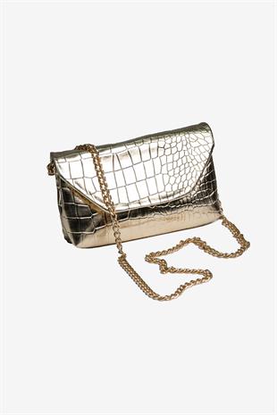 Kadın Timsah Desen Zincirli Baget El ve Omuz Çantası - Gold