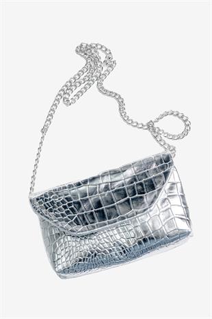 Kadın Timsah Desen Zincirli Baget El ve Omuz Çantası - Gümüş