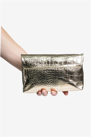 Kadın Timsah Desen Zincirli Baget El ve Omuz Çantası - Gold