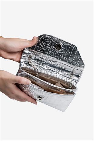 Kadın Timsah Desen Zincirli Baget El ve Omuz Çantası - Gümüş