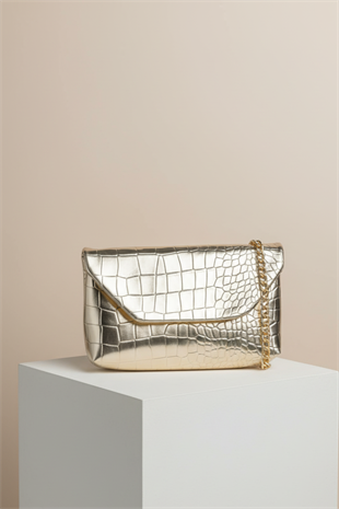 Kadın Timsah Desen Zincirli Baget El ve Omuz Çantası - Gold