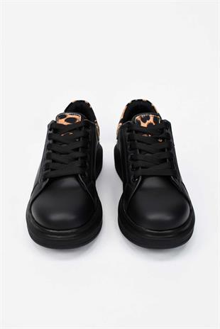 Kadın Yüksek Tabanlı Leopar Desenli Sneaker- Siyah