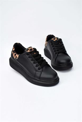 Kadın Yüksek Tabanlı Leopar Desenli Sneaker- Siyah