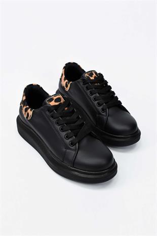 Kadın Yüksek Tabanlı Leopar Desenli Sneaker- Siyah