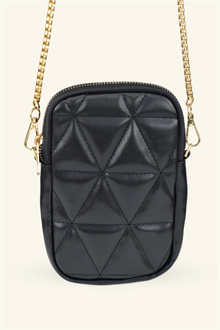 Kadın Zincir Askılı Kapitone Telefon Çantası - Siyah