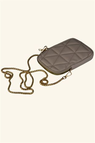 Kadın Zincir Askılı Kapitone Telefon Çantası - Krem