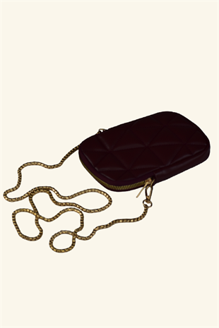 Kadın Zincir Askılı Kapitone Telefon Çantası - Bordo