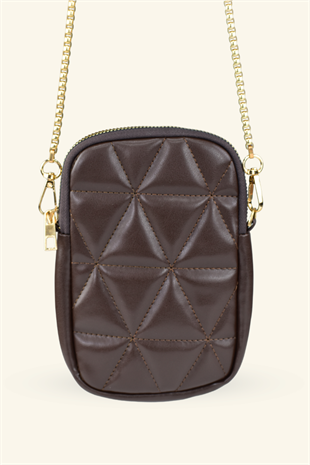 Kadın Zincir Askılı Kapitone Telefon Çantası - Kahverengi