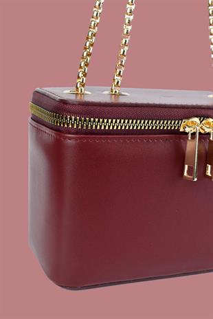 Kadın Zincir Askılı Kutu Model El ve Omuz Çantası - Bordo