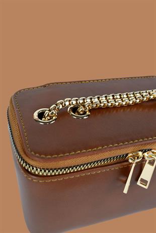 Kadın Zincir Askılı Kutu Model El ve Omuz Çantası - Taba