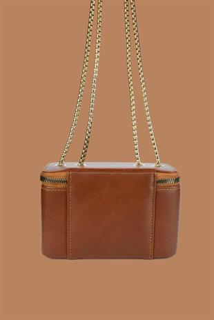 Kadın Zincir Askılı Kutu Model El ve Omuz Çantası - Taba