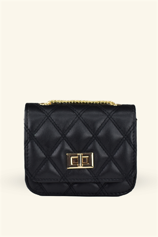 Kadın Zincir Askılı Mini Clutch ve Omuz Çantası - Siyah