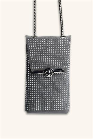 Kadın Zincir Askılı Taşlı Telefon Çantası - Gri