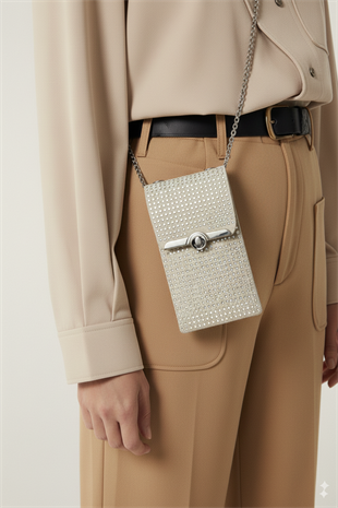 Kadın Zincir Askılı Taşlı Telefon Çantası -Bej