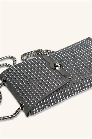 Kadın Zincir Askılı Taşlı Telefon Çantası - Gri