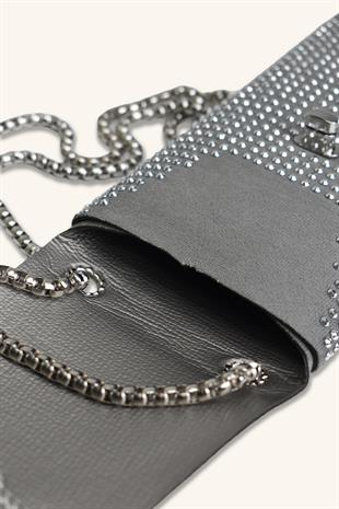 Kadın Zincir Askılı Taşlı Telefon Çantası - Gri