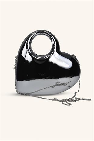 Kalp Model Parlak Abiye Çanta - Gümüş