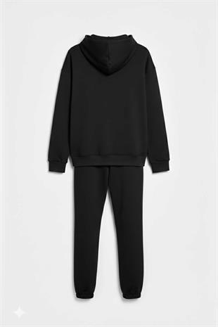 Kapüşonlu Cep Detaylı İki İplik Eşofman Takımı – Siyah