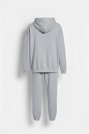 Kapüşonlu Cep Detaylı İki İplik Eşofman Takımı – Açık Gri