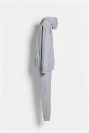 Kapüşonlu Cep Detaylı İki İplik Eşofman Takımı – Açık Gri