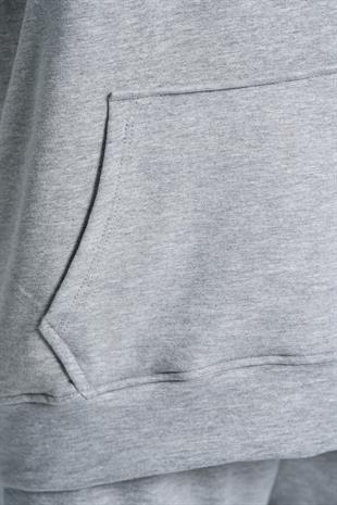 Kapüşonlu Cep Detaylı İki İplik Eşofman Takımı – Açık Gri