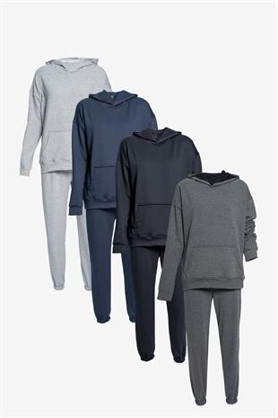 Kapüşonlu Cep Detaylı İki İplik Eşofman Takımı – Lacivert