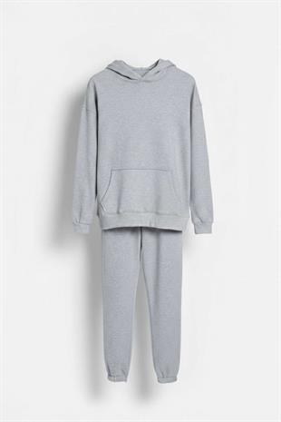 Kapüşonlu Cep Detaylı İki İplik Eşofman Takımı – Açık Gri