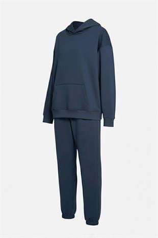 Kapüşonlu Cep Detaylı İki İplik Eşofman Takımı – Lacivert