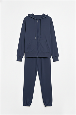 Kapüşonlu Fermuarlı Modal Kumaş Eşofman Takımı –İndigo
