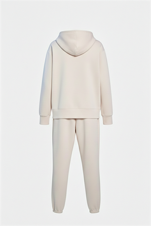 Kapüşonlu Fermuarlı Modal Kumaş Eşofman Takımı –Krem